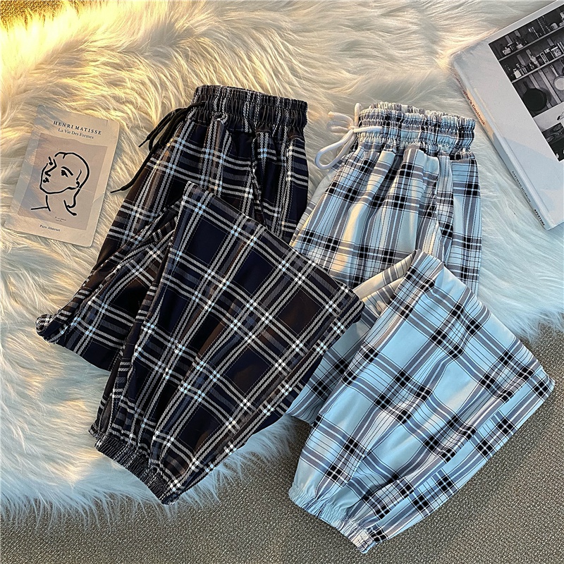 Pantalons femmes nouveau bouquet de pieds mode ample noir Plaid été Harajuku étudiants Streetwear sarouel pantalons longs femmes Chic