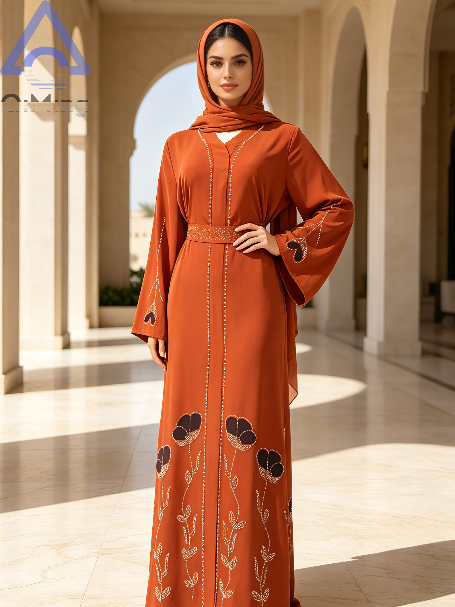 Abaya de Luxe Noire pour Femmes Musulmanes QiMing, Kaftan de Dubaï avec Strass, Jalabiya Marocaine Florale Modeste, Ceinture Élégante, Robe de Soirée Islamique