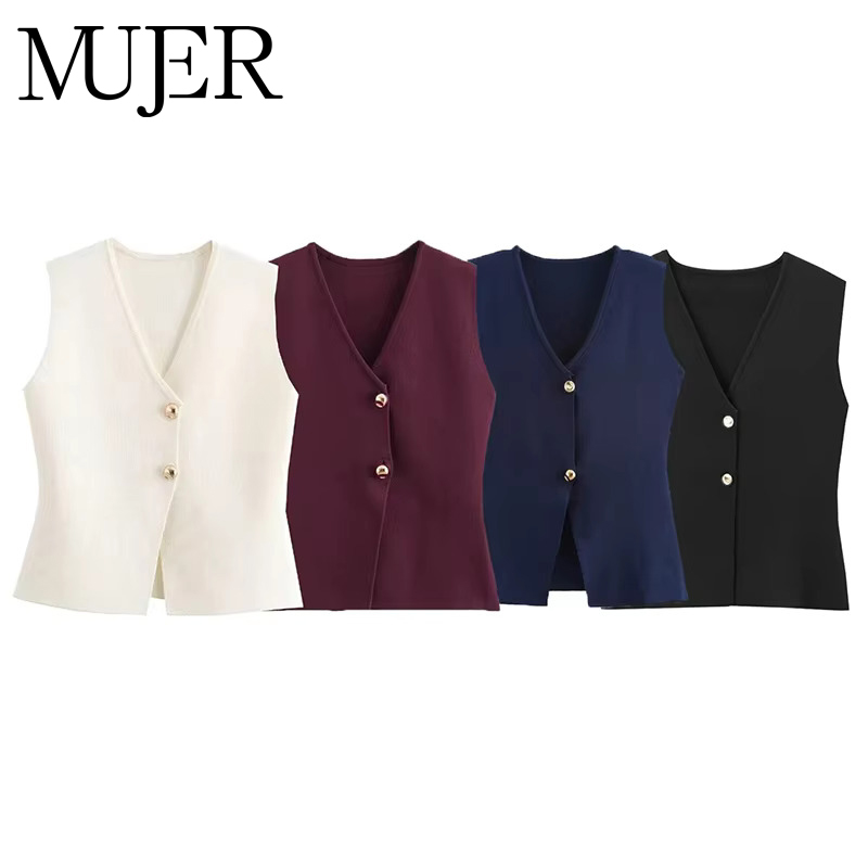 MUJER femme tricot gilet haut recadrée sans manches gilets pour femmes 2025 bouton été gilet haut femmes gilet tricoté hauts courts