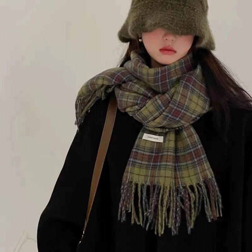 Gland Plaid laine écharpe en peluche rétro vert Long châle Style coréen foulards laine foulards hiver cachemire foulards femmes/hommes