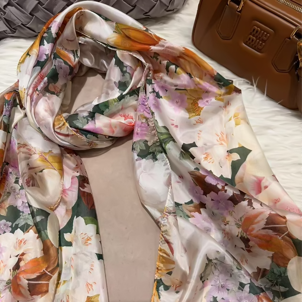 BYSIFA | Beige bleu foulard en soie châle femmes imprimé fleuri écharpe Cape automne hiver 100% mûrier soie longues écharpes été plage châles