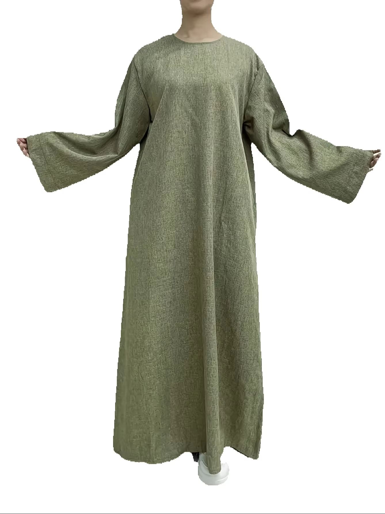Robe longue kaftan décontractée et élégante pour femmes, col rond, manches longues, couleur unie, taille ample, pour le Ramadan