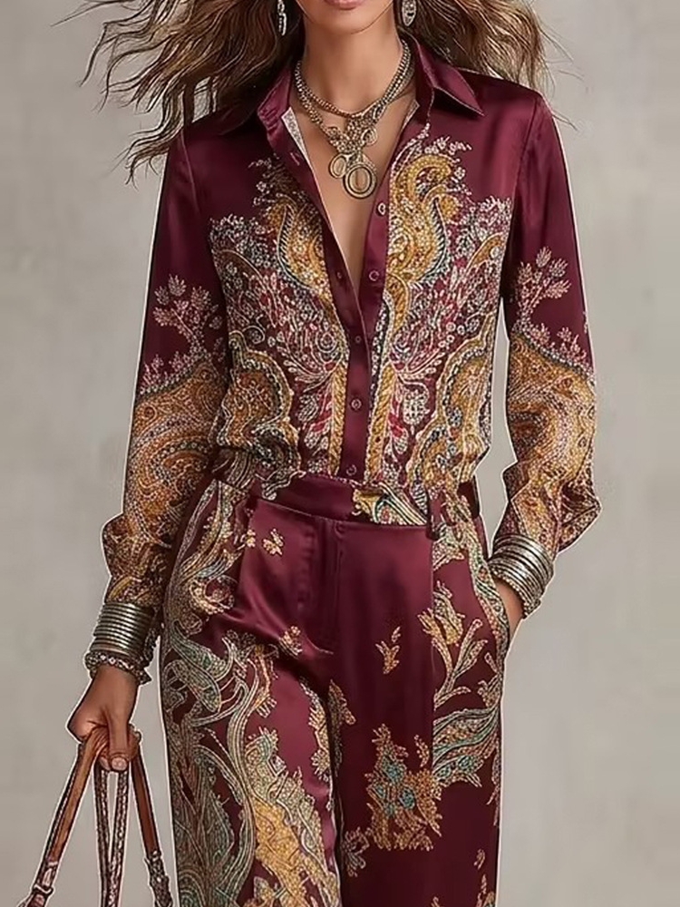 Ensemble deux pièces pour femmes en satin, imprimé paisley rétro, chemise à col à revers et manches longues, pantalon large à taille haute, ensemble décontracté pour les vacances.