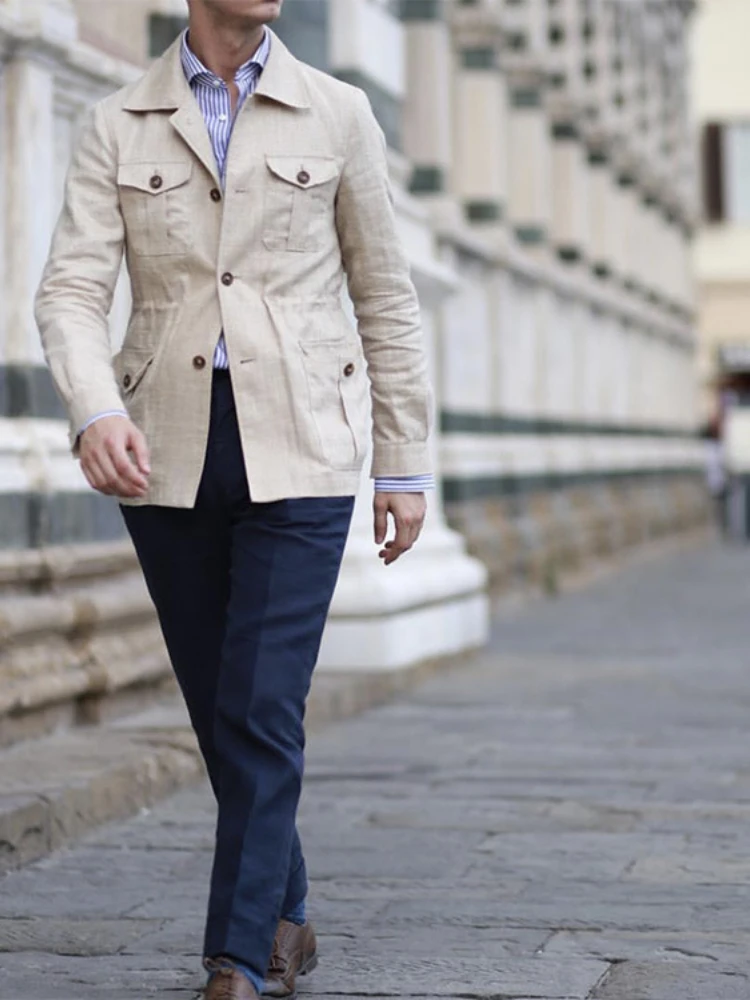 Veste à simple boutonnage pour hommes avec poches, col rabattu, manches longues, épissure régulière décontractée, manteau monochrome, automne, hiver