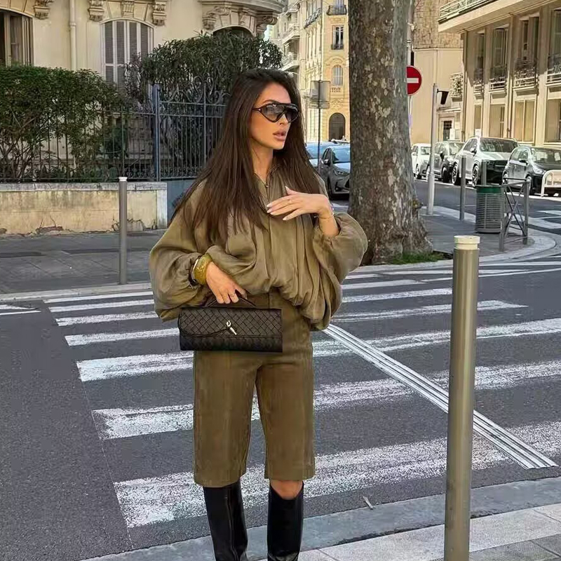 Veste bombardier femme manches longues plis vêtements de rue avec fermeture éclair vert Beige Vintage surdimensionné fermeture éclair décontracté veste d'été femme