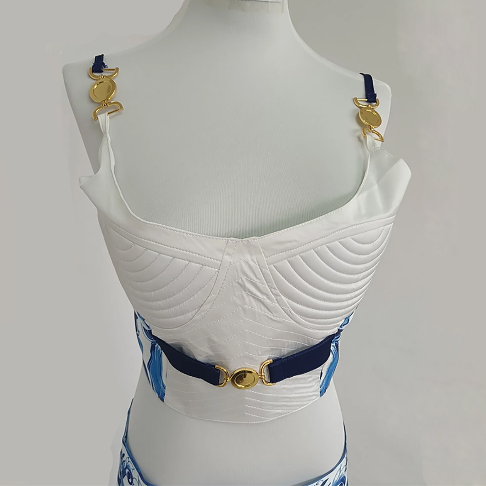Ensemble deux pièces pour vacances à la plage, haut court à boutons dorés et jupe longue, imprimé bohème, à la mode, bretelles spaghetti, été