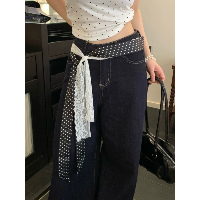 1 pièce Ceinture de taille rétro en soie à pois avec dentelle, accessoire décoratif pour femme, à superposer, pour jeans et jupes, mode quotidienne