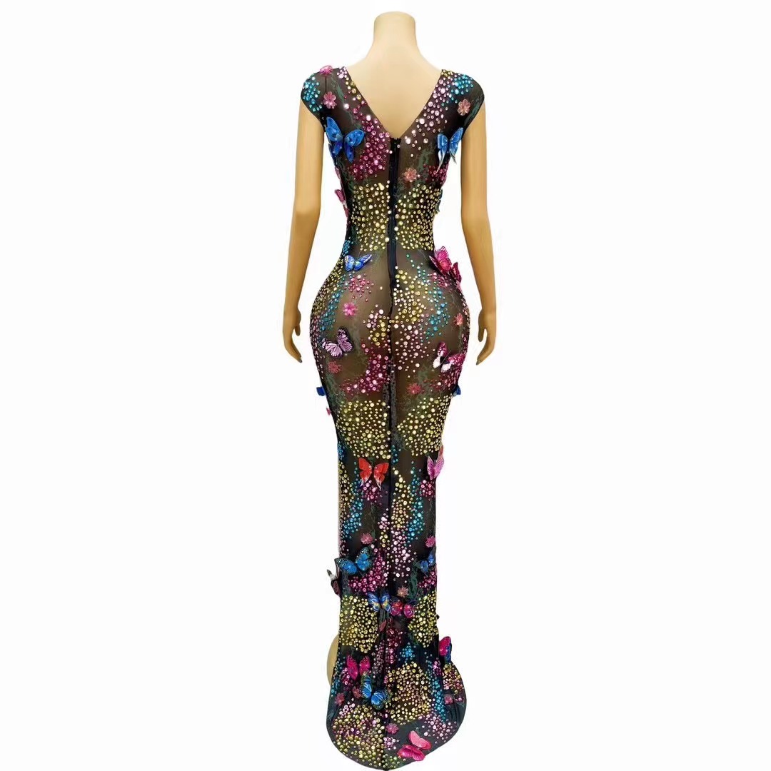 Robe de soirée d'anniversaire pour femmes, tapis rouge, Costume de séance photo, Sexy, scène brillante, strass colorés, papillons, maille