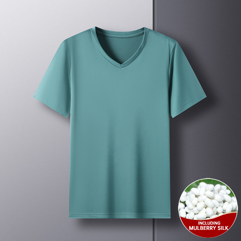 T-shirt à manches courtes en soie de mûrier pour homme, haut de marque, col en V, décontracté, à la mode, nouvelle collection été 1.7%, 2023