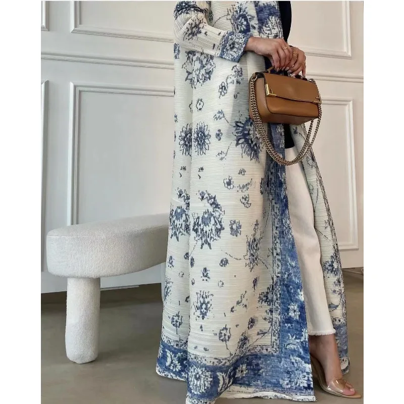 Abaya-Robe longue plissée pour femmes saoudiennes, robe de vacances, veste, péplum, blanc, imprimé haut de gamme, tempérament, décontracté, élégant, mode