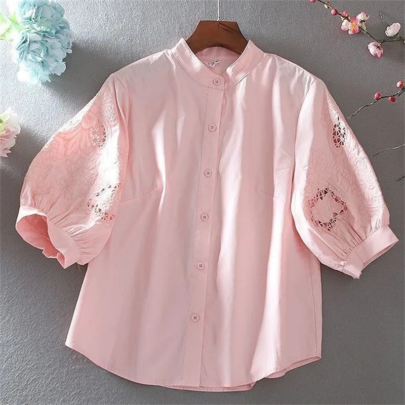 Chemisier femme 2025 printemps été creux lourd broderie dames hauts col montant tempérament dame lâche lanterne manches chemise