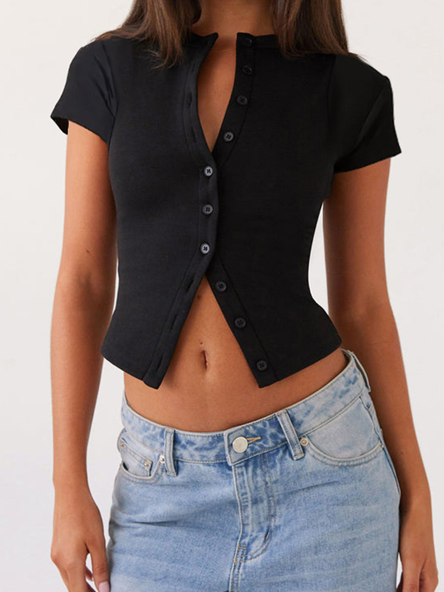 T-shirt décontracté à manches courtes pour femmes, chemise à boutons, chemise à col rond, chemise à documents monochrome