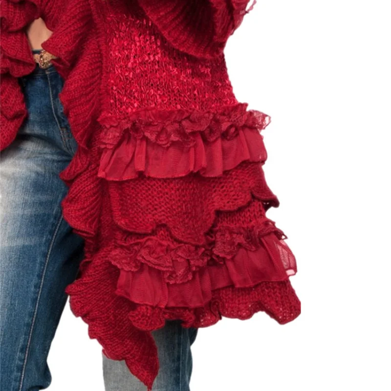 Cardigan long en tricot pour femme, veste mi-longue, manches évasées, dentelle à boutonnage simple, vintage