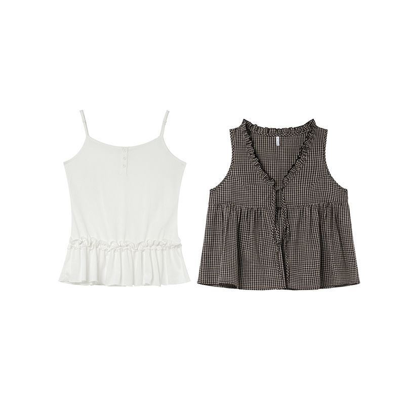 Ensemble deux pièces de gilet à carreaux pour femmes, petit Camisole de style coréen, haut Cardigan Slim haut de gamme d'été