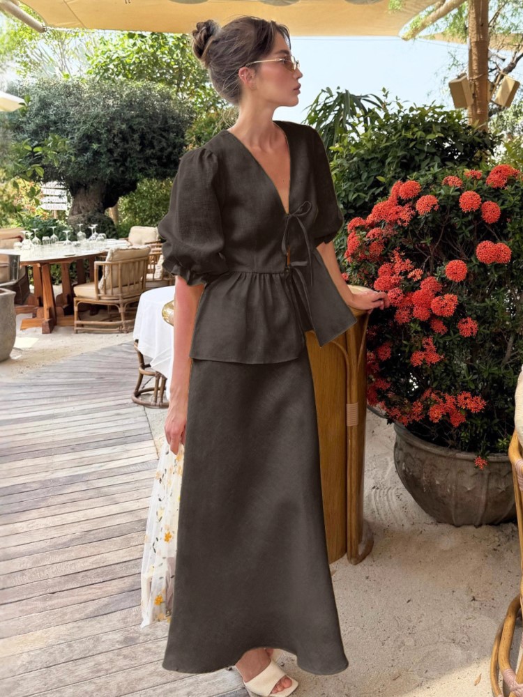 Ensemble jupe femme taille haute jupe longue costume femme col en v manches bouffantes a-ligne jupe longue 2 pièces ensembles 2025 tenue de dame d'été