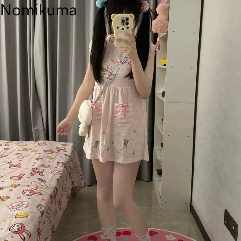 Robe japonaise pour femmes 2025 Vestidos De Mujer Robe d'été brodée mignonne à manches courtes col rond tunique robe douce de dessin animé Femme