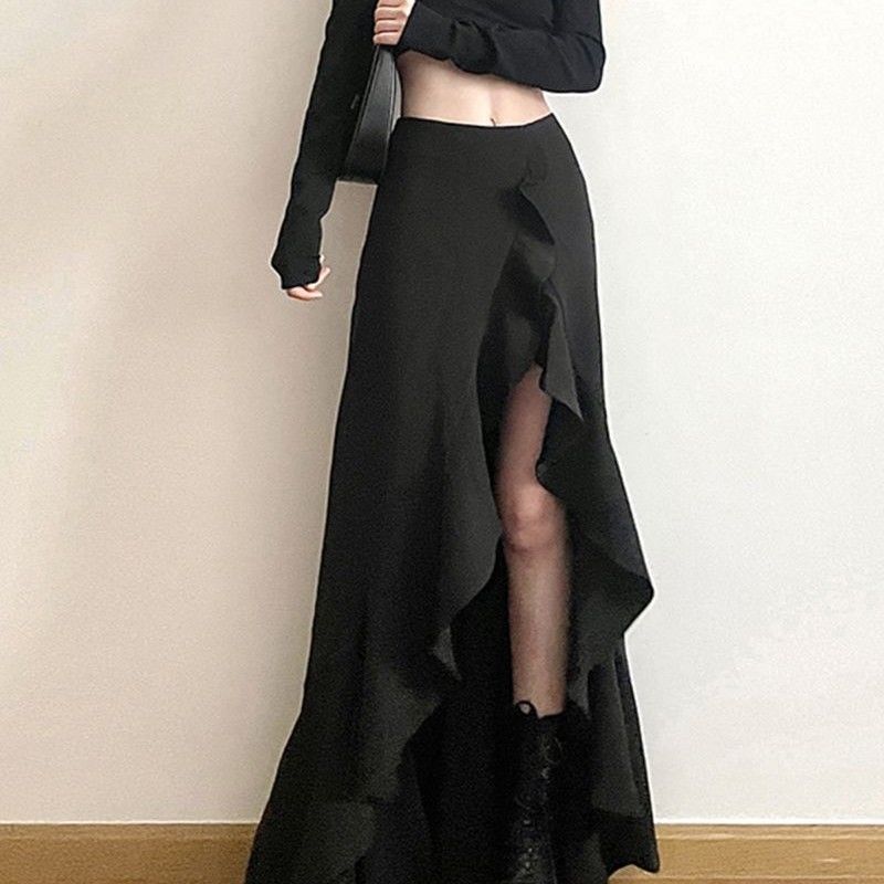 Jupes longues pour femmes, style gothique, asymétriques, fendues, Y2K, Harajuku, Vintage, Grunge