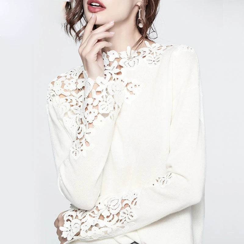 T-shirt de tempérament pour femmes, Design d'automne, haut blanc à épaules dénudées, haut tricoté ajouré brodé à la mode, Harajuku 2024