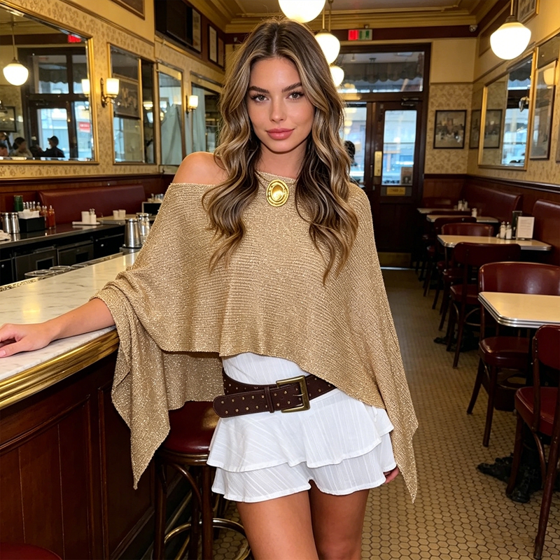Combhasaki – poncho en tricot scintillant Y2k pour femmes, châle court, col bateau, couverture de plage, pull, hauts transparents scintillants