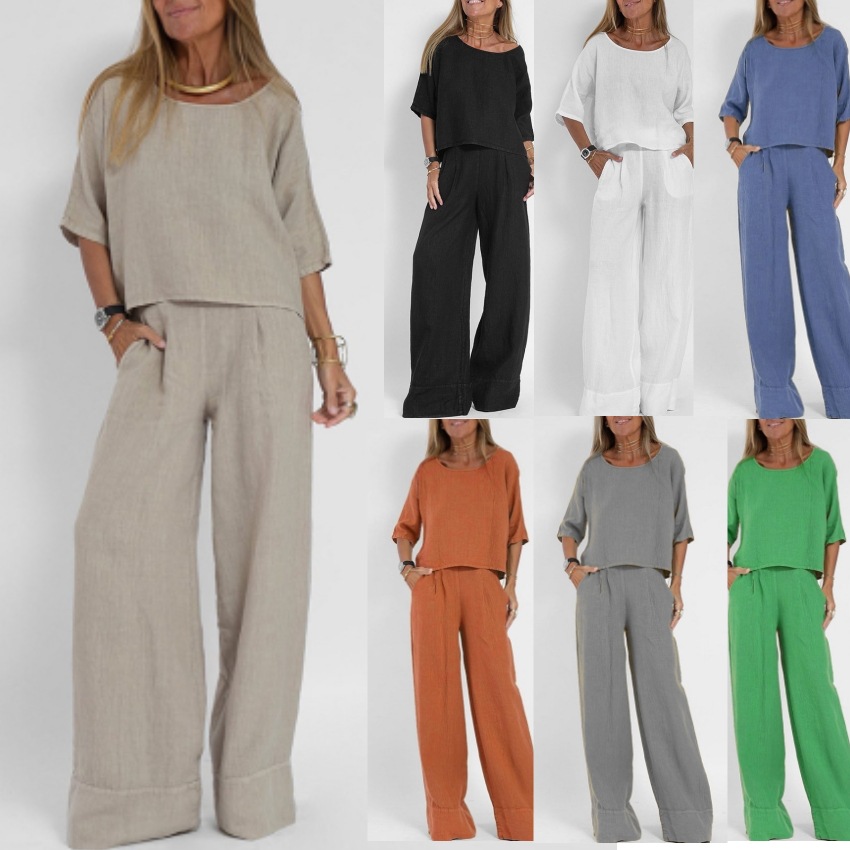 Ensembles 2 pièces pour femmes – Nouveauté été 2026 – Tenue décontractée ample unie avec haut à manches courtes et pantalon en coton et lin – Vêtements pour femmes