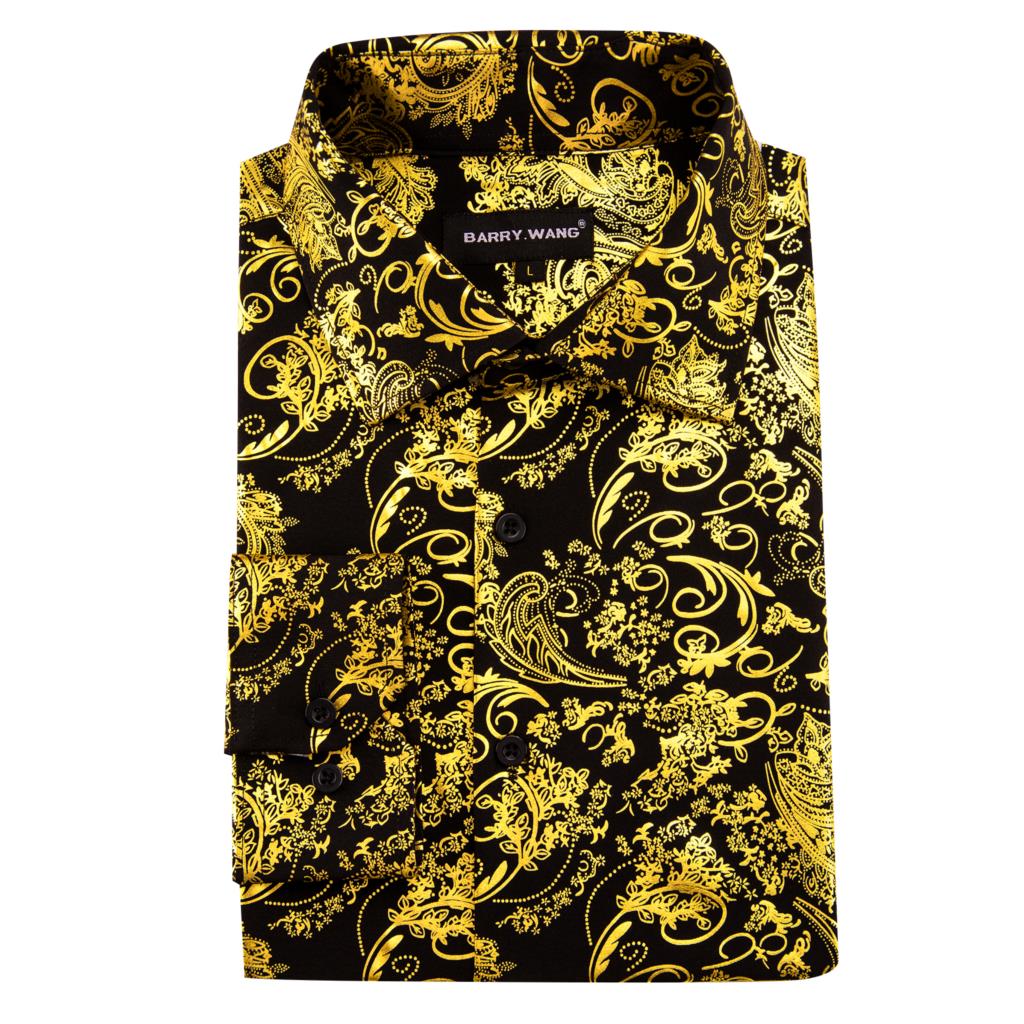 InjShirts de Luxe à Manches sulfpour Homme, Broderie Florale Noire et Dorée, Coupe Ajustée Régulière, Revers