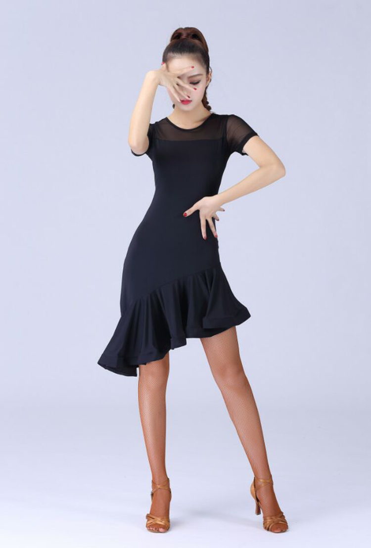 Robe de danse latine noire pour femmes, Costume de danse latine, Salsa Samba, manches courtes, robes de danse latine pour femmes