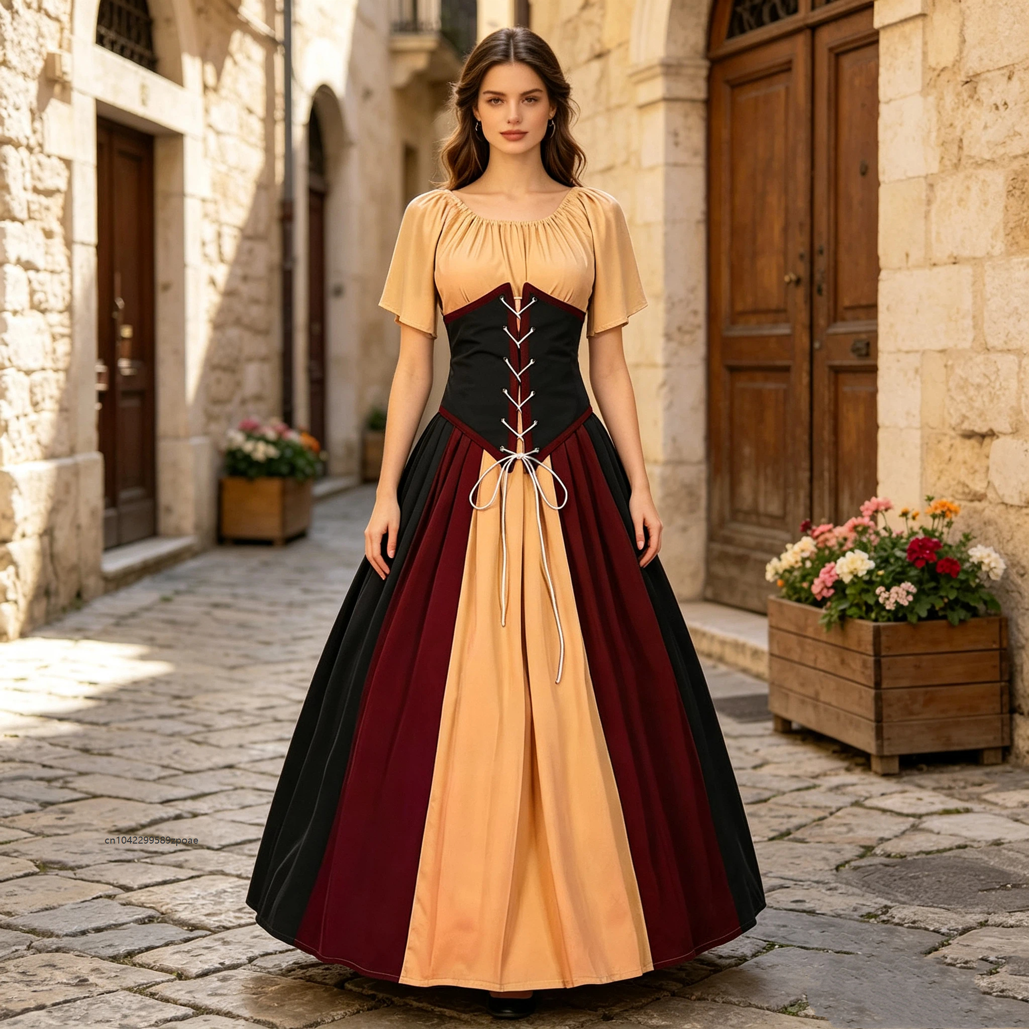 Robe de soirée pour femme, style médiéval rétro, à col unique, avec manches volantées en dentelle, patchwork et couleurs contrastées, pour Halloween