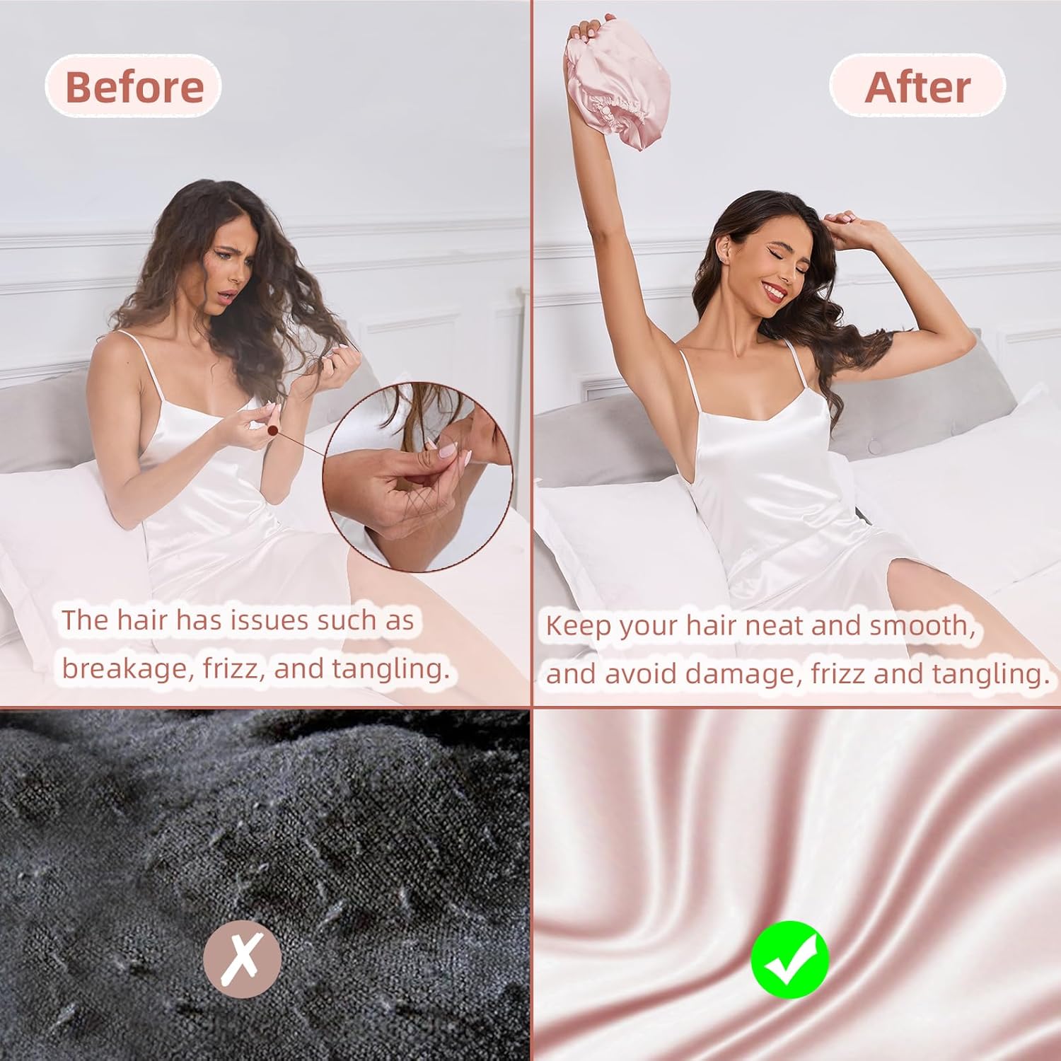 Bonnet de nuit ajustable en satin de soie pour femmes, double couche, enveloppe capillaire en soie pour dormir (femmes et hommes), pour cheveux bouclés et naturels, taille S