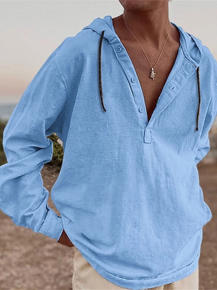 Chemise à capuche Vintage en coton et lin pour hommes, manches longues, col en V, hauts d'automne, chemises amples décontractées, chemisier de plage en bord de mer