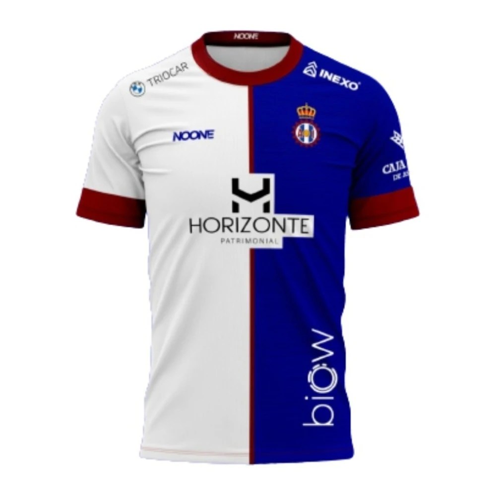 Maillot de football - Blanc et bleu avec des bordures marron, logos de sponsors « HORIZONTE » pour TRIOCAR, vêtements de football de haute qualité pour les fans
