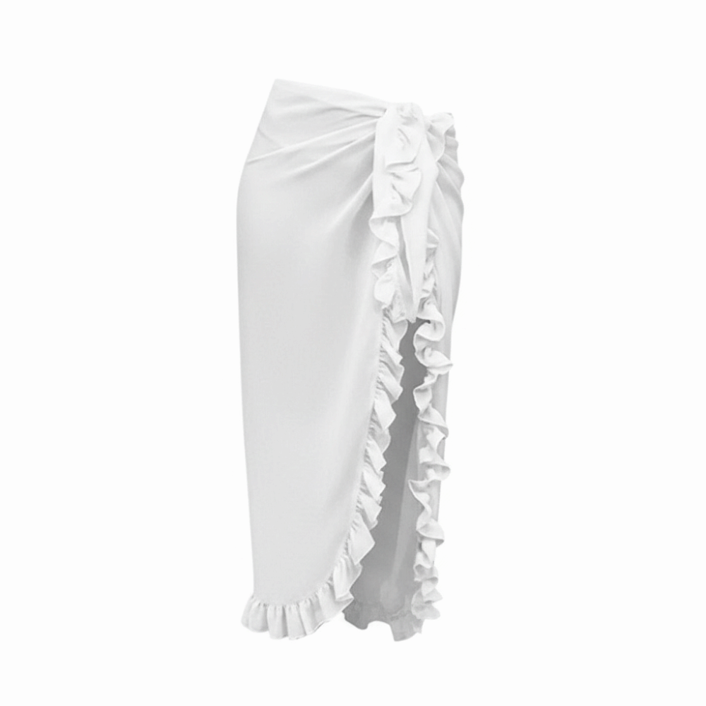 Robe de plage longue en mousseline de soie transparente pour femme, avec volants, couleur unie, protection solaire