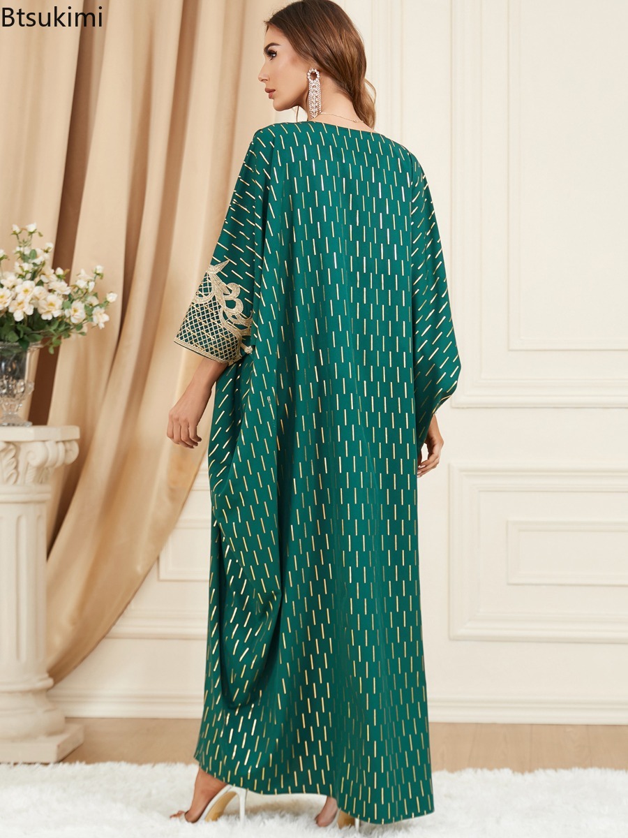 Robes Musulmanes Élégantes pour Femmes, Longue Robe Ample Style Moyen-Orient Dubaï, Abaya à Manches Chauve-Souris, Col en V, Robe de Soirée à Paillettes, Robe de Fête Femme
