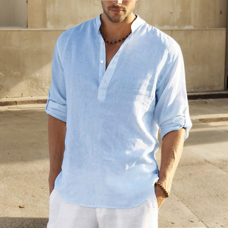 Chemise en lin de coton pour hommes, chemisier décontracté, col montant, t-shirt à manches longues pur, beau haut ajusté, vêtements pour hommes, mode