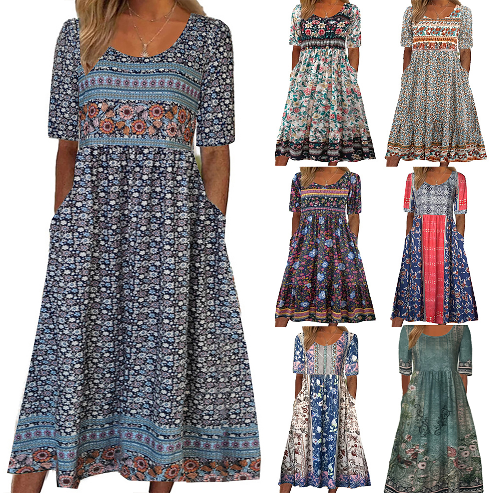 Robe longue style bohémien pour femmes, ample, mode imprimée, col rond, manches courtes, nouvelle collection été 2025