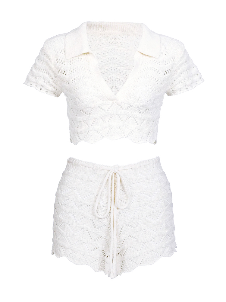 Ensemble Cache-maillot de Plage Sexy en Maille 2026 Été Femme – Haut Court à Col Revers et Manches Courtes Découpé, Mini Short à Lacets Deux Pièces K202