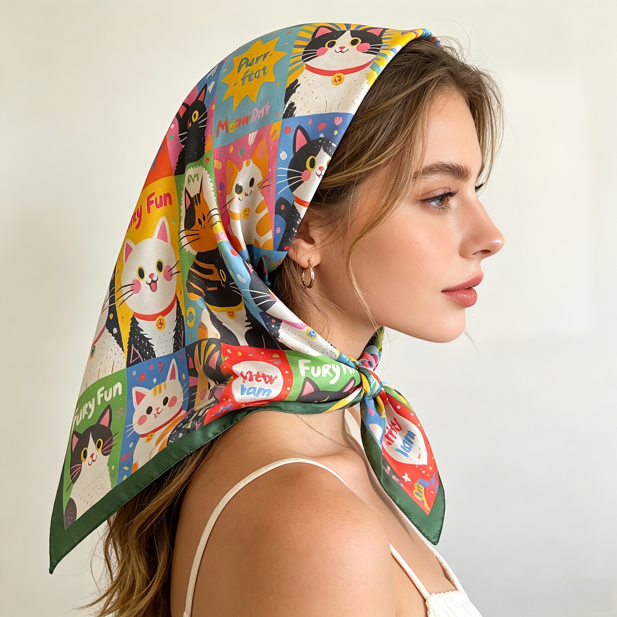 Nouveau Foulard Carré en Soie Imitée 2026 pour Femme, Imprimé Chat Animal, Accessoire de Mode, Bandeau, Bandana, Neckerchief