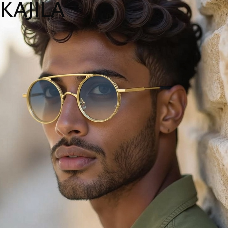 Petit Rond Steampunk lunettes de Soleil Hommes 2025 De Luxe Marque Vintage En Métal Cadre Punk Lunettes de Soleil pour Mâle Double Faisceau Nuances UV400