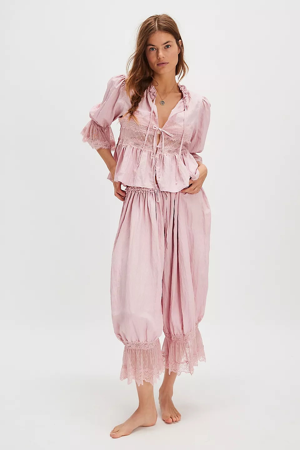 Pantalon Bloomers pour Femme Y2K avec Dentelle, Pantalon Vintage à Volants Mignon, Pantalon Long Coupe Citrouille, Bas de Pyjama Capri, Tenue Décontractée Streetwear