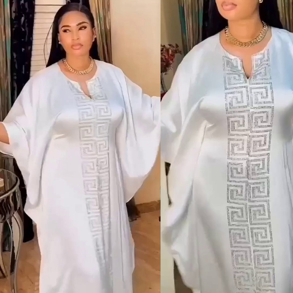 Robe de style africain pour femme grande taille, manches chauve-souris, style musulman islamique, imitation soie, strass thermocollés