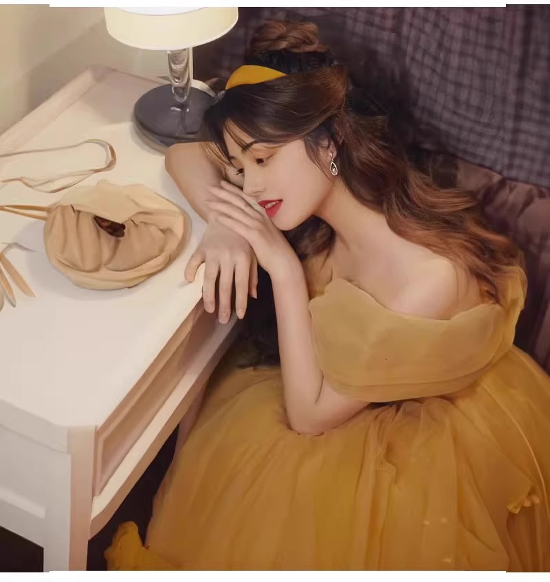Robe Belle Cinderalle jaune en Tulle pour femmes, épaules dénudées, robe de bal élégante, robe formelle fantaisie, vêtements de Cosplay d'halloween