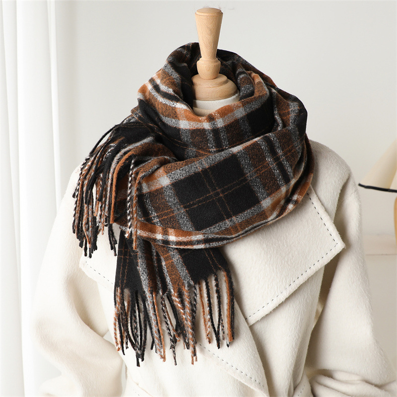 Écharpe d'hiver de luxe à carreaux pour femme, châle pashmina chaud et épais, écharpe-couverture à franges, foulard décontracté pour femme