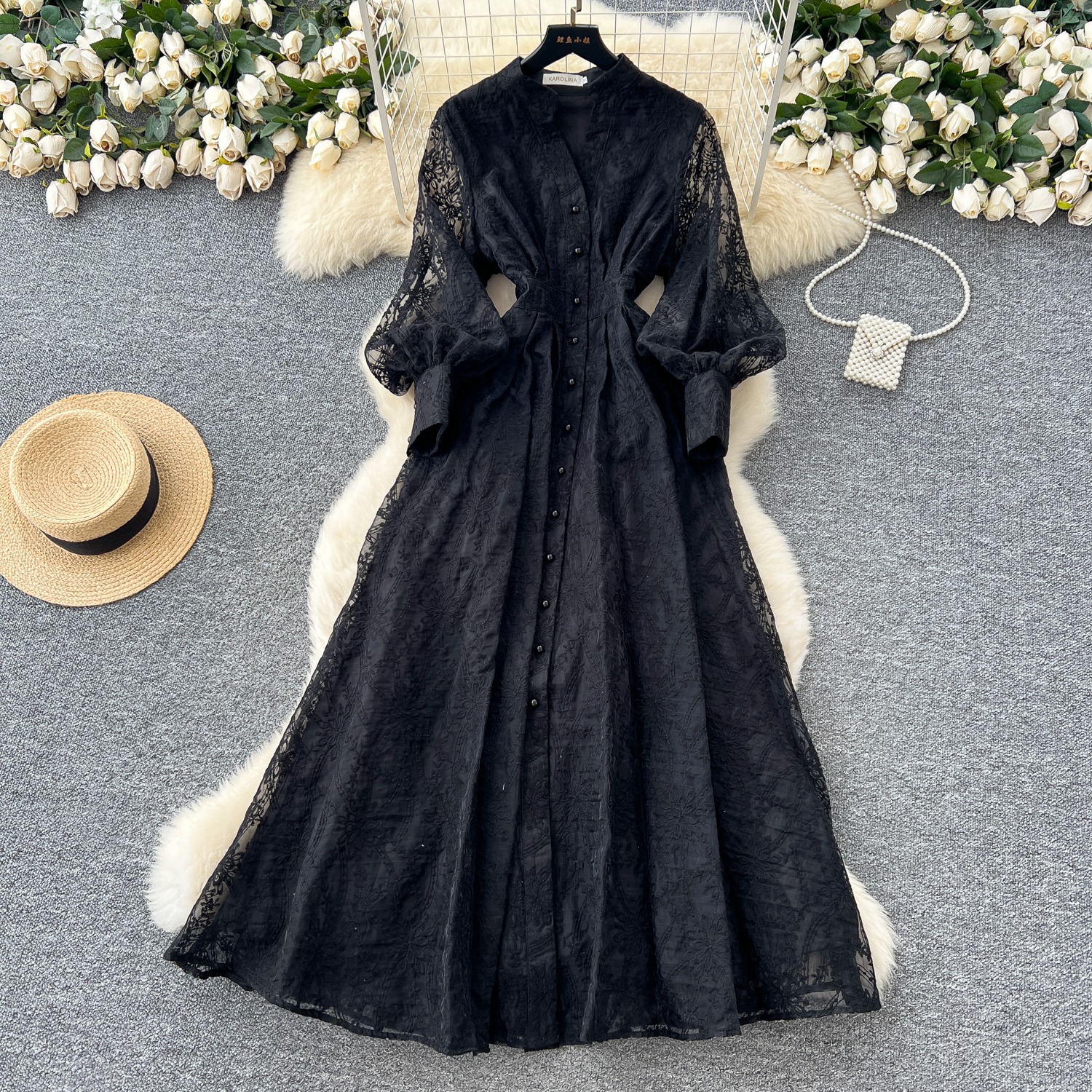 Robe française rétro élégante pour femmes, nouveau Style haut de gamme, col montant, taille simple boutonnage, robe longue en maille brodée, 2025