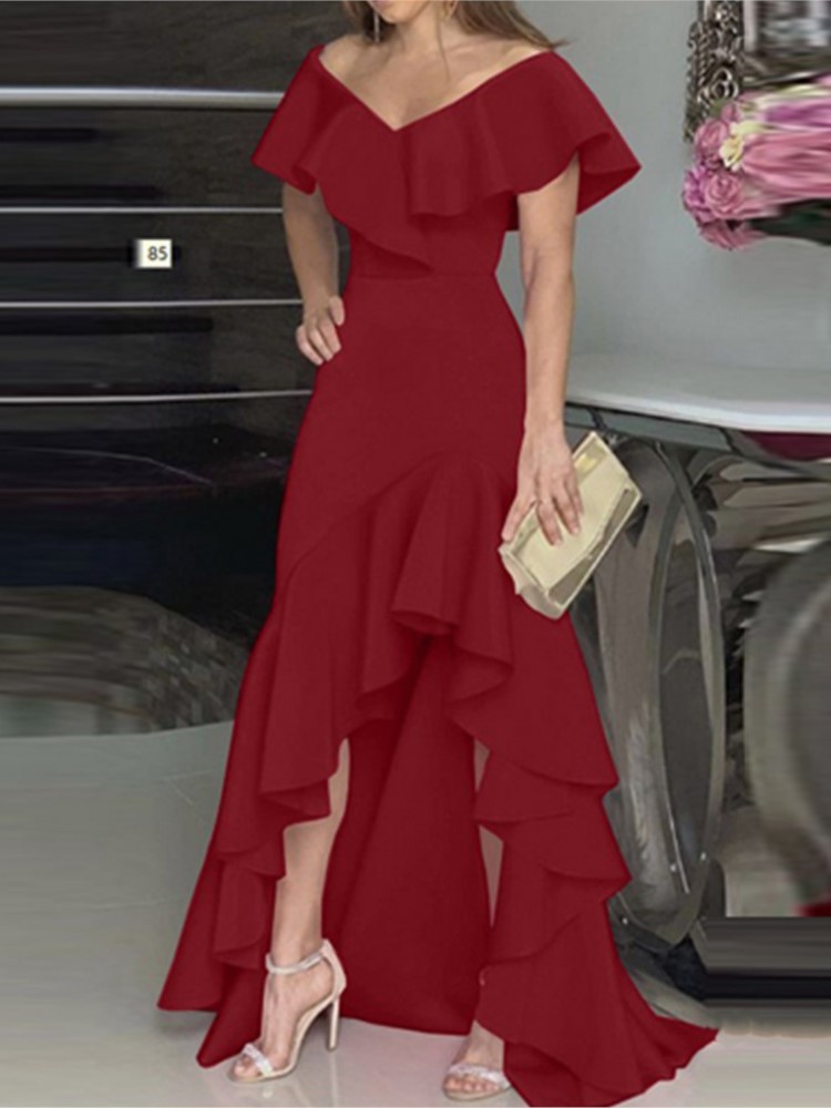 Robe longue de soirée élégante pour femmes, mode élégante, col en V, Slim, portefeuille aux hanches, couleur unie, manches à volants, été, 2025