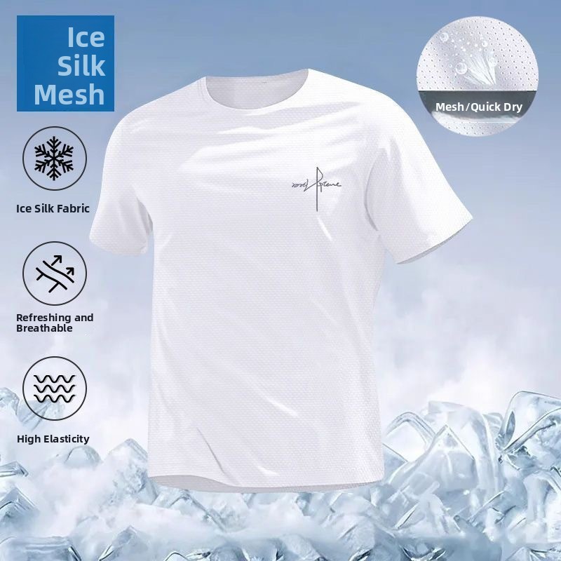T-shirt Homme à Manches Courtes en Soie Glacée Séchage Rapide, Maille Respirante, Coupe Ample, Haut Décontracté d'Été en Fibre de Polyester, Col Rond Imprimé