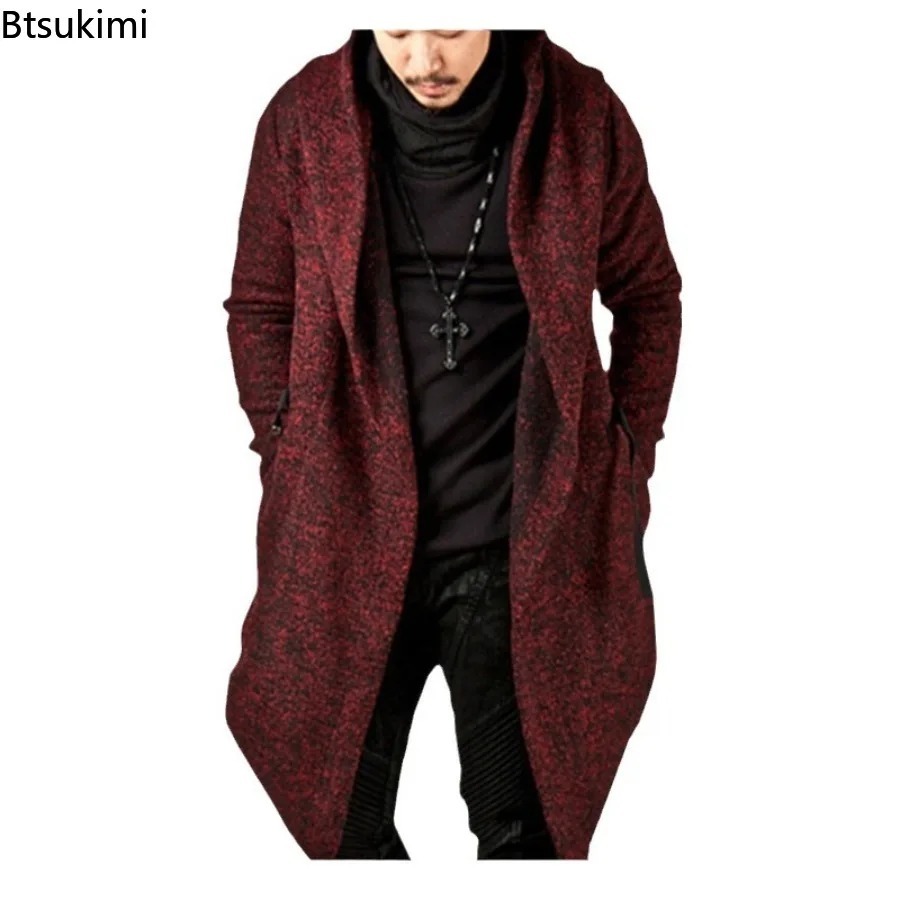 Men's Fashion Hoodies Cardigan Solid Pocket Loose Trench Jackets Casual Open Stitch Gothic Hooded Long Cloak Cape Coats for Men