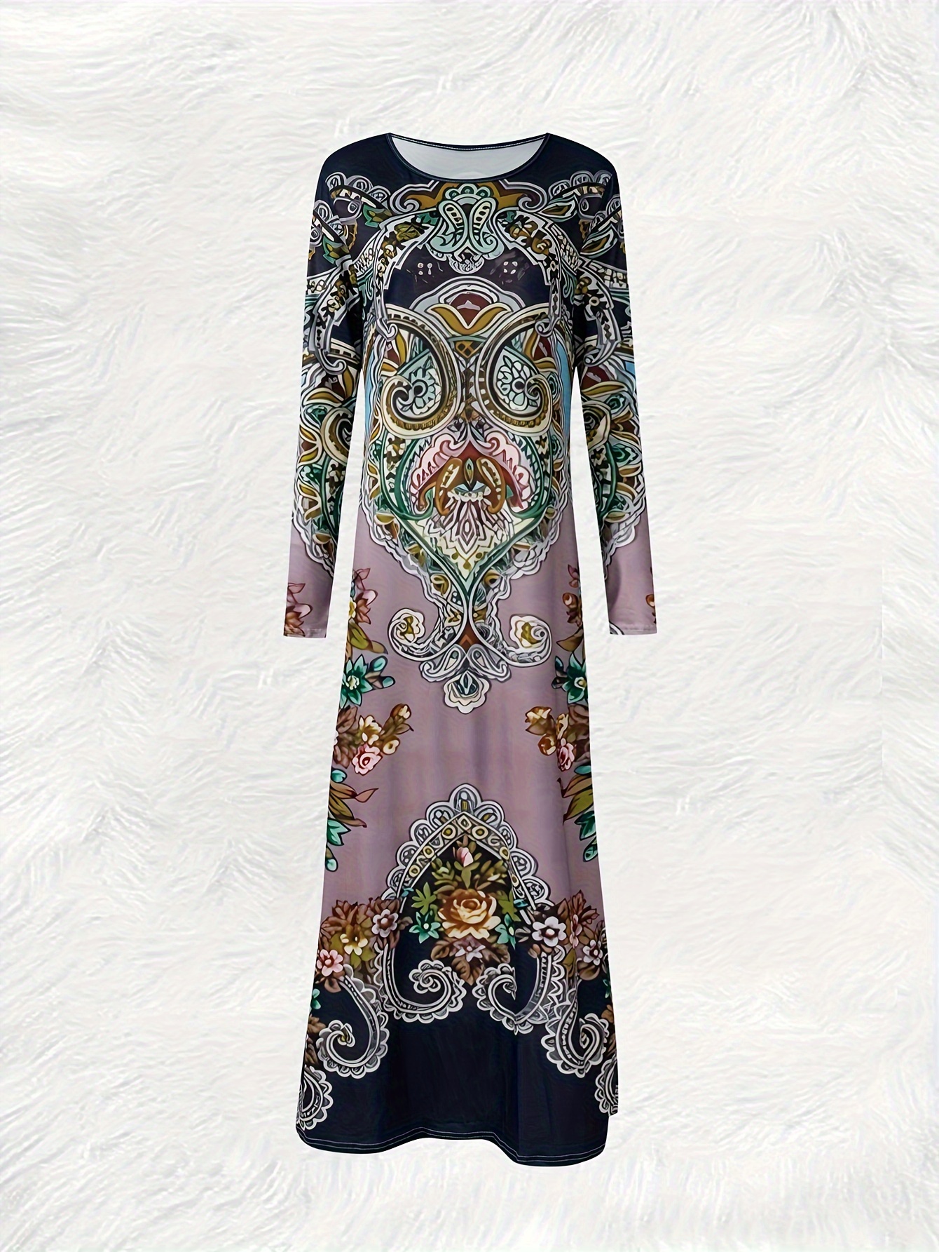 Robe à manches longues style ethnique décontractée mi-longue pour femme, mode automne-hiver, coupe trapèze, couleur unie, ajustement ample