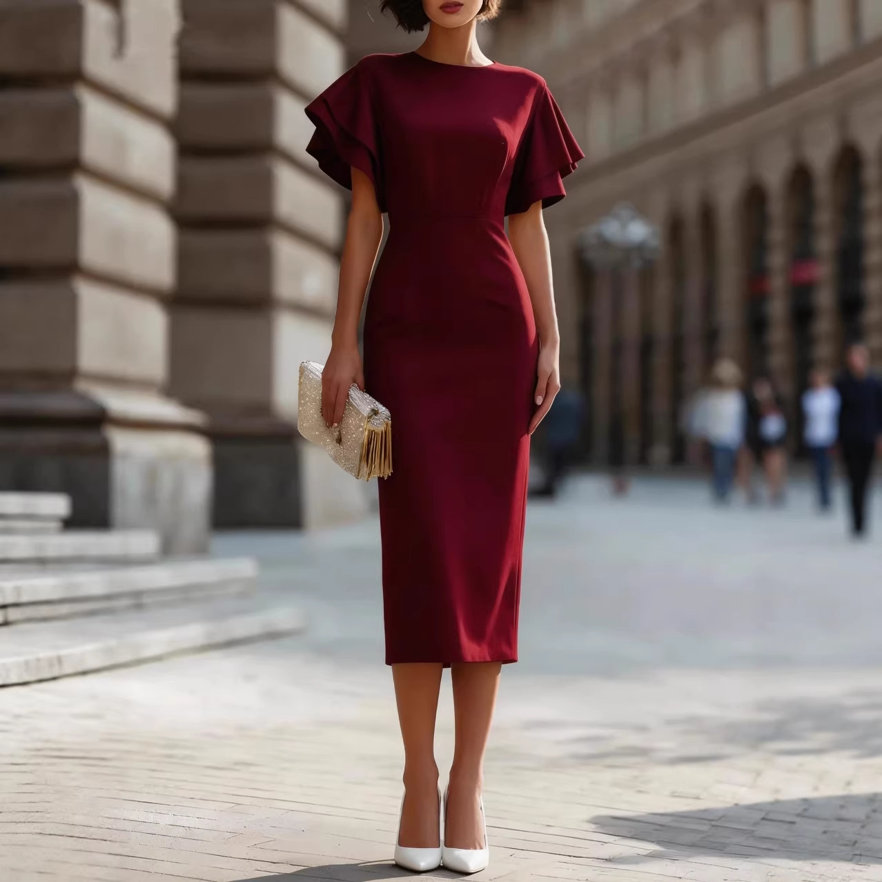 Robe midi élégante à manches à volants pour femme, coupe ajustée, moulante, pour soirée, mariage, invitées, cérémonie, soirée formelle