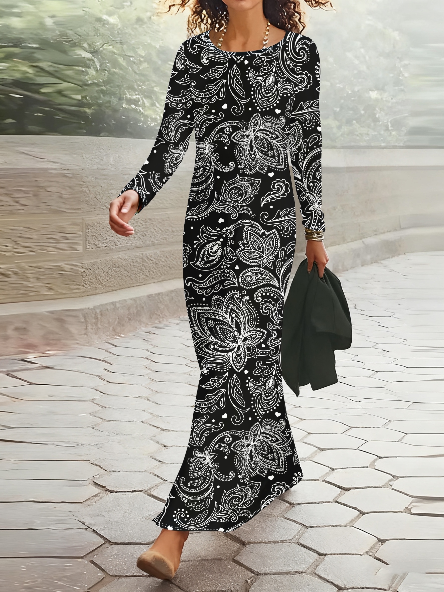 Robe décontractée à manches longues pour femme, imprimé tropical, taille cintrée, coupe trapèze, longueur midi, tenue de vacances, mode estivale, noir et