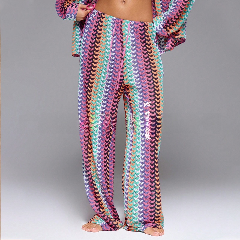 Pantalon de plage coloré à motif tissé ultra long pour femme, style sexy, motif filet, parfait pour les tenues de plage