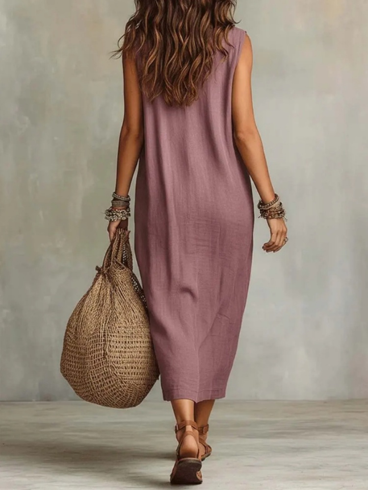 Robe longue élégante en coton et lin pour femme, col drapé ample, sans manches, avec poches, style décontracté pour l'été, la plage et les vacances